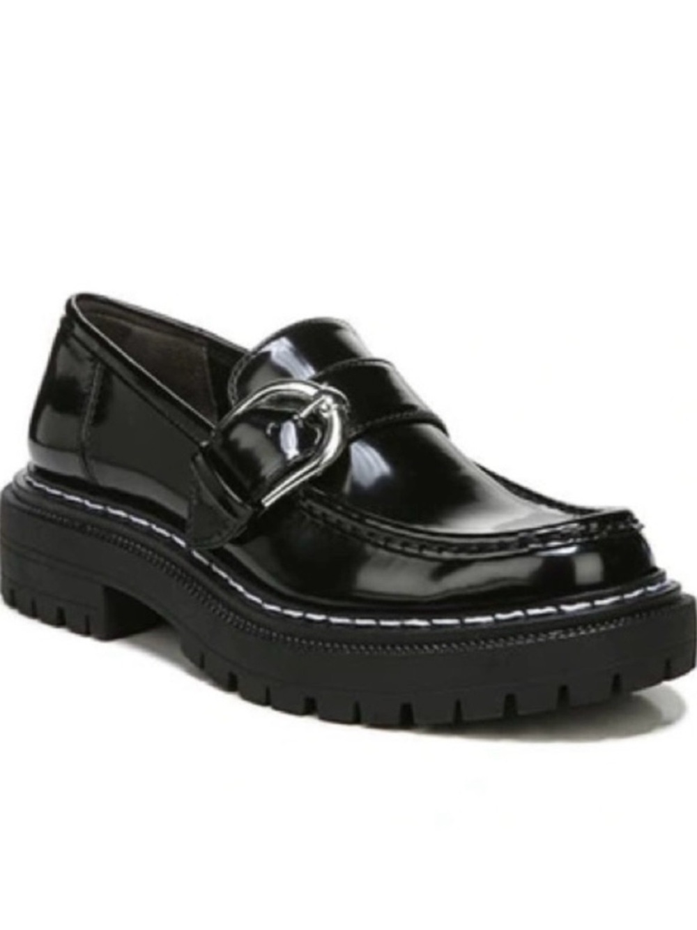 Black Patent Leather Loafers with Silver Buckle